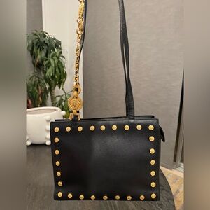 1990s Gianni Versace Couture Medallion Black leather Chain Bag
